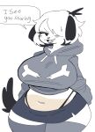  2022 anthro belly big_breasts black_bottomwear black_clothing black_ears black_panties black_skirt black_tail black_underwear bodily_fluids bottomwear breasts broken_bone canid canine canis clothed clothing curvy_figure dark_dress dialogue digital_media_(artwork) domestic_dog english_text fangs female floppy_ears fur goth grey_clothing grey_eyelashes grey_hoodie grey_legwear grey_lips grey_stockings grey_topwear hair hair_over_eye hi_res hoodie huge_breasts legwear lips looking_aside makeup mammal narrowed_eyes navel one_eye_obstructed open_mouth panties pink_belly pink_tongue portrait puppychan puppychan48 short_hair simple_background skirt solo speech_bubble stockings sweat teeth text thick_thighs three-quarter_portrait tongue topwear underwear visible_underwear voluptuous white_background white_body white_fur wide_hips 