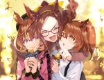  3girls :d ^_^ animal_ears arm_around_neck arm_around_shoulder aston_machan_(umamusume) blurry blurry_background bow braid brown_hair brown_sweater character_request closed_eyes collared_shirt commentary_request depth_of_field food forehead ginkgo_leaf glasses hair_bow highres holding holding_food horse_ears kabocha_(monkey4) leaf long_hair long_sleeves multiple_girls over-rim_eyewear pink_nails pink_shirt ponytail puffy_long_sleeves puffy_sleeves purple-tinted_eyewear red-framed_eyewear ribbed_sweater roasted_sweet_potato sakura_bakushin_o_(umamusume) semi-rimless_eyewear shirt smile sweater sweet_potato tinted_eyewear turtleneck turtleneck_sweater umamusume v-shaped_eyebrows very_long_hair white_shirt yellow_bow 