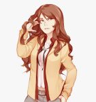  1girl belt black_ribbon brown_belt brown_eyes brown_hair brown_jacket brown_shirt collared_shirt commentary english_commentary grey_belt hair_between_eyes hand_in_own_hair hand_on_own_hip hand_up highres jacket lips long_hair long_sidelocks long_sleeves mugino_shizuri nose open_clothes open_jacket open_shirt parted_lips ribbon shirt sidelocks solo toaru_majutsu_no_index upper_body vilatile wavy_hair white_shirt 