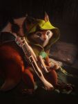  3d_(artwork) anthro bed cape clothing crossbow digital_media_(artwork) dota female furniture hi_res hood hoodwink_(dota) hybrid mammal pink_muffin_oliver ranged_weapon rodent sciurid solo tree_squirrel video_games weapon 