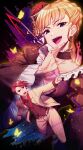  1boy 1girl beatrice_(umineko) belt black_background black_dress black_necktie blonde_hair blue_eyes bug butterfly commentary_request dress eyelashes highres looking_at_viewer marutenmaruten necktie open_mouth pointing red_hair smile suit umineko_no_naku_koro_ni ushiromiya_battler v-shaped_eyebrows white_suit yellow_butterfly 