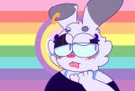 2021 anthro blep blush bra_strap chest_tuft clothed clothing ear_piercing eyelashes eyelids female fur grey_body grey_fur lagomorph leporid lgbt_history_month lgbt_pride looking_aside mammal milkybunnii mitsuko_haschen piercing pride_colors purple_eyes rabbit solo tongue tongue_out trans_(lore) trans_woman_(lore) tuft white_body white_fur 