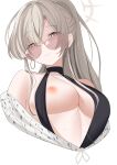  1girl absurdres bare_shoulders black_one-piece_swimsuit blonde_hair blue_archive breasts brown_eyes chanshiyu cleavage closed_mouth commentary_request cropped_torso earrings hair_between_eyes halo highres jewelry long_hair looking_at_viewer nagisa_(blue_archive) nagisa_(swimsuit)_(blue_archive) nipples official_alternate_costume one-piece_swimsuit one_breast_out sidelocks simple_background solo sunglasses swimsuit white_background 
