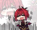  1girl =_= aizono_manami aizono_manami_(2nd_costume) aizono_manami_(cosplay) ange_katrina bat_hair_ornament bat_wings black_dress black_gloves black_sleeves blush_stickers chibi closed_eyes commentary_request cosplay covered_navel crying detached_sleeves dress furrowed_brow gloves hair_between_eyes hair_intakes hair_ornament mini_wings mitsumine_(ookami_no_oyashiro) nijisanji no_nose open_mouth red_hair see-through_cleavage see-through_clothes short_hair single_detached_sleeve sleeveless sleeveless_dress solo tears triangle_hair_ornament upper_body virtual_youtuber wings zoom_layer 