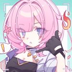  ! 1girl :o black_gloves blue_border blue_eyes border breasts chinese_commentary cleavage commentary_request crop_top elf elysia_(honkai_impact) gloves highres honkai_(series) honkai_impact_3rd jacket large_breasts looking_at_viewer official_alternate_costume pink_hair pointy_ears shaka_sign solo spoken_exclamation_mark textless_version white_background white_jacket yinanhuahua 