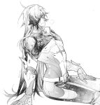  1boy arched_back belt belt_buckle boothill_(honkai:_star_rail) buckle cha_nomb closed_mouth collared_jacket commentary cropped_jacket cyborg hair_over_one_eye hand_on_own_thigh hashtag-only_commentary highres honkai:_star_rail honkai_(series) invisible_chair jacket long_hair looking_at_viewer male_focus midriff one_eye_covered popped_collar puff_of_air simple_background sitting sleeve_cuffs smile solo toned toned_male unzipped very_long_hair white_background zipper 