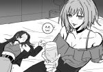  2girls :3 bang_dream! bang_dream!_it&#039;s_mygo!!!!! breasts camisole chinese_commentary choker cleavage commentary_request cup greyscale holding holding_cup implied_yuri jacket looking_at_viewer lying monochrome multiple_girls off-shoulder_shirt off_shoulder on_back open_mouth shirt short_hair xiaowu0074 yahata_umiri yuutenji_nyamu 