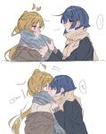  2girls absurdres ahoge akng1110 black_jacket blonde_hair blue_hair blue_scarf blush bocchi_the_rock! brown_scarf brown_sweater closed_eyes closed_mouth cold ear_blush earrings hair_wagging highres ijichi_nijika jacket jewelry kiss multiple_girls nose_blush red_eyes scarf short_hair simple_background stud_earrings sweater white_background yamada_ryo yellow_eyes yuri 