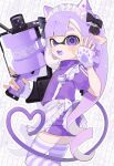  .52_gal_(splatoon) 1girl animal_ears animal_hands apron black_bow bow cat_ears cat_girl commentary_request fangs fingerless_gloves gloves grid_background hair_bow highres holding holding_weapon inkling inkling_girl inkling_player_character jacket kemonomimi_mode long_hair looking_at_viewer maid_apron maid_headdress open_mouth outline paw_gloves pointy_ears purple_eyes purple_hair purple_jacket purple_pupils purple_shorts purple_theme sabata_saba shorts smile solo splatoon_(series) splatoon_3 standing standing_on_one_leg striped_clothes striped_thighhighs tentacle_hair thighhighs very_long_hair waving weapon white_background white_outline 
