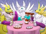  absurd_res bandai_namco clothing digimon digimon_(species) furniture gloves group handwear heart-of-a-dragoness hi_res jewelry markings necklace pastry renamon_x ribbons runes shirt table tea_party tea_pot topwear x-digimon 