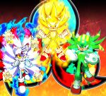  3boys animal_ears animal_nose artist_name fox_boy fox_ears fox_tail furry furry_male gloves green_fur hedgehog_boy highres kad_productions kitsune knuckles_the_echidna kyuubi looking_at_viewer multicolored_fur multicolored_shoes multiple_boys multiple_tails pointy_nose red_eyes red_shoes shoes short_tail soap_shoes sonic_(series) sonic_the_hedgehog spiked_gloves super_knuckles super_sonic super_tails tail tails_(sonic) two-tone_shoes white_fur white_gloves yellow_fur 