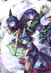  3girls animal_ears antennae aqua_hair blue_dress blue_eyes blue_hair butterfly_wings dress earclip eternity_larva fairy frilled_sleeves frills green_dress green_kimono hair_between_eyes head_fins highres holding japanese_clothes kimono kine leaf leaf_on_head long_hair long_sleeves mallet multicolored_clothes multicolored_dress multiple_girls obi one_eye_closed open_mouth rabbit_ears red_eyes sash seiran_(touhou) shometsu-kei_no_teruru short_hair short_sleeves single_strap smile touhou wakasagihime wide_sleeves wings yellow_eyes 