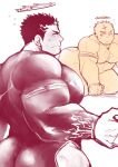  1boy ass bara blush bodysuit collage facial_hair flaming_halo frown hip_vent kneeling large_pectorals looking_at_viewer male_focus mature_male muscular muscular_male pectorals po_fu short_hair sideburns skin_tight stubble sweatdrop thick_thighs thighs tokyo_afterschool_summoners zabaniya_(housamo) 