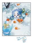 1girl apple blue_hair border closed_eyes food fruit highres jellyfish_(splatoon) long_hair lying mittens octoling octoling_girl octoling_player_character on_stomach outside_border smile snow solo splatoon_(series) splatoon_3 tentacle_hair thick_eyebrows white_border winter zeqwq 