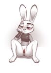  2021 anthro anus armor blush body_armor bottomless clothed clothing disney ears_up female full-length_portrait gaping gaping_pussy genitals hi_res judy_hopps lagomorph leporid mammal portrait pussy qupostuv35 rabbit simple_background sitting solo spot_color spread_legs spreading white_background zootopia 