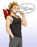  1boy bare_arms bare_shoulders biceps black_tank_top blonde_hair body_markings boku_no_hero_academia brushing_teeth facial_hair feathered_wings from_side goatee hairband hand_in_pocket hawks_(boku_no_hero_academia) highres mahoubin_(totemo_hot_dayo) male_focus pants pectorals red_feathers short_hair sideburns sidepec signature sleeveless solo speech_bubble sweatpants tank_top toned toned_male toothbrush_in_mouth white_background wings yellow_eyes 