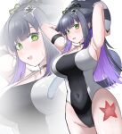  1girl :d absurdres animal_ears arknights armpits arms_behind_head arms_up ball beachball black_choker black_hair blush breasts cat_ears cat_girl cat_tail choker collarbone covered_navel green_eyes grey_one-piece_swimsuit groin highres holding holding_ball jessica_(arknights) jessica_the_liberated_(arknights) large_breasts long_hair multicolored_hair one-piece_swimsuit ponytail purple_hair simple_background smile solo spam_(spamham4506) standing starfish sweat swimsuit tail two-tone_hair very_long_hair white_background zoom_layer 