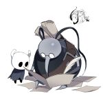  2boys arthropod_boy bamsot belt belt_around_waist black_ribbon black_skin brown_belt cloak colored_skin cornifer glasses grey_cloak grey_skin holding holding_paper holding_quill hollow_eyes hollow_knight horned_mask horns knight_(hollow_knight) long_nose looking_at_object looking_down mask mature_male multiple_boys paper pointy_nose quill ribbon rolled_up_paper round_eyewear scattered_paper simple_background sitting white_background white_mask writing 