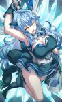 1girl absurdres ahoge armpits blue_boots blue_dress boots breasts cleavage cleavage_cutout clothing_cutout dress elf full_body heart heart_ahoge high_heel_boots high_heels highres holding holding_weapon hololive ice large_breasts long_hair mahou_shoujo_holowitch! pointy_ears solo teku_(2nd_escape) virtual_youtuber weapon yellow_eyes yukihana_lamy 