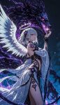  1girl ai-generated angel_wings closed_mouth dragon earrings flower_hairpin hair_ornament hairpin halo highres jewelry medium_hair original purple_eyes thighs white_hair wings 