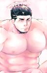  1boy bara black_hair blush completely_nude facial_hair halo large_pectorals looking_down male_focus muscular muscular_male nipples nude out-of-frame_censoring pectoral_focus pectorals po_fu short_hair simple_background solo stubble tokyo_afterschool_summoners upper_body water yellow_eyes zabaniya_(housamo) 