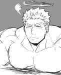  1boy bara blush facial_hair flaming_halo greyscale large_pectorals looking_at_viewer male_focus mature_male monochrome muscular muscular_male pectoral_press pectorals po_fu short_hair sideburns sketch stubble thick_eyebrows tokyo_afterschool_summoners upper_body zabaniya_(housamo) 