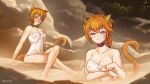  2girls :3 animal_ears arm_under_breasts atramada bare_shoulders blush braid breasts cat cat_ears cat_girl cat_tail choker cleavage collar collarbone commission commissioner_upload covered_nipples crossed_legs dripping facepaint facial_mark fire_emblem fire_emblem:_path_of_radiance fire_emblem:_radiant_dawn green_choker green_collar hair_between_eyes highres in_water large_variant_set lethe_(fire_emblem) looking_at_viewer lyre_(fire_emblem) messy_hair multiple_girls naked_towel nipples onsen orange_hair orange_tail pink_choker pink_collar pulling_own_clothes purple_eyes see-through_clothes siblings sisters sitting slit_pupils tail teasing towel twins variant_set water water_drop wet wet_clothes wet_towel whisker_markings 