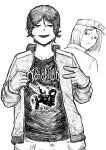  2girls :/ :d absurdres brand_name_imitation closed_mouth commentary cropped_shoulders english_commentary freckles gloves greyscale hat highres jacket limestone_(artist) looking_at_another looking_at_viewer looking_back marichka mazepynka monochrome multiple_girls open_clothes open_jacket open_mouth original parody print_shirt shirt short_hair smile title_parody translation_request ukrainian_text upper_body v 