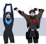  bat_signal batman_(series) batman_symbol black_bodysuit black_gloves black_hair bodysuit brown_jacket dc_comics dick_grayson gloves grey_bodysuit highres jacket jason_todd male_focus multicolored_bodysuit multicolored_hair multiple_boys muscular muscular_male nageune_1010 nightwing open_clothes pants red_hood_(dc) red_hood_and_the_outlaws short_hair superhero_costume taut_bodysuit two-tone_bodysuit two-tone_hair 