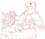  anthro big_breasts bottomwear breasts claws cleavage clothed clothing container cup dinosaur dromaeosaurid duo feathered_dinosaur feathers female finger_claws grin huge_breasts iriedono looking_at_viewer male microraptor pants reptile salt_(iriedono) scalie simple_background smile theropod utahraptor white_background 