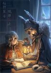  2boys absurdres black_eyes black_gloves black_pants black_sclera blue_cape book book_stack brothers bu&#039;er_ray cape capelet chinese_commentary colored_sclera commentary_request desk elbow_gloves fur-trimmed_cape fur_trim gloves green_eyes hair_between_eyes hand_on_book high_collar high_ponytail highres holding holding_lantern hood identity_v indoors ithaqua_(identity_v) lantern long_sleeves looking_at_another male_focus mask multiple_boys nathaniel_norwell official_artist_extra on_desk pants ponytail red_capelet shirt siblings sleeve_cuffs smile snow twins two_side_up unworn_mask upper_body wavy_hair white_hair white_nails white_shirt window 