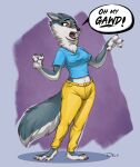  anthro barefoot blue_clothing blue_shirt blue_topwear bottomwear canid canine canis clothing dialogue feet female illumination_entertainment looking_away mammal open_mouth pants porsha_crystal shirt sing_(movie) solo speech_bubble standing teaselbone teenager topwear wolf yellow_bottomwear yellow_clothing yellow_pants young 