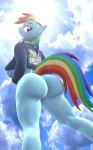  3d_(artwork) anthro anthrofied bottomless bracelet breasts butt butt_focus clothed clothing cloud digital_media_(artwork) equid equine eyewear friendship_is_magic goggles hair hasbro hi_res horse jewelry lazy_work_horse light looking_at_viewer looking_back looking_back_at_viewer looking_down low-angle_view mammal multicolored_hair multicolored_tail my_little_pony pony purple_eyes rainbow_dash_(mlp) rainbow_hair rainbow_tail rear_view sky solo sun sunlight under_boob worm&#039;s-eye_view 