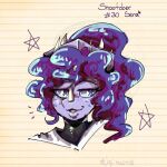 1:1 2025 absurd_res anthro artist_name biped by:_muun cavemanon_studios ceratopsian ceratopsid character_name chasmosaurine clothed clothed_anthro clothed_female clothing colored curly_hair dinosaur eyebrow_through_hair eyebrows facial_horn fan_character female frill_(anatomy) front_view guide_lines hair half-closed_eyes headshot_portrait hi_res horn long_hair looking_aside marginocephalian markings narrowed_eyes open_mouth ornithischian pattern_background portrait prehistoric_species purple_body purple_eyes purple_hair raised_eyebrows reptile scalie sera_(snoot_game) shaded simple_background snoot_game solo spots spotted_markings star striped_background text translucent translucent_hair triceratops