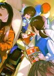  4girls absurdres bag_of_chips balloon blue_sweater_vest book brown_hair chips_(food) eating food highres holding holding_book holding_food holding_phone hood hoodie kagenoyuhi long_hair long_sleeves looking_at_another low_t multiple_girls open_mouth orange_hoodie original phone plaid_clothes plaid_skirt potato_chips red_eyes skirt sleeping sweater_vest vehicle_interior 