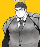  1boy bara bespectacled blush facial_hair flaming_halo formal glasses jacket large_pectorals male_focus mature_male monochrome muscular muscular_male official_alternate_costume pectorals po_fu short_hair sideburns striped striped_jacket stubble suit sweatdrop tokyo_afterschool_summoners upper_body vest yellow_background yellow_theme zabaniya_(housamo) 