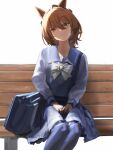  1girl agnes_tachyon_(umamusume) ahoge animal_ears bag bench bow brown_hair closed_mouth commentary_request earrings hair_between_eyes highres horse_ears horse_girl jewelry long_sleeves o_ko_ge2024 petals purple_serafuku purple_shirt purple_skirt purple_thighhighs red_eyes sailor_collar school_bag school_uniform serafuku shirt single_earring sitting skirt smile solo thighhighs tracen_school_uniform umamusume white_bow winter_uniform wooden_bench 