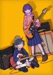  2girls absurdres amplifier black_hair black_shoes blazer blue_jacket blue_skirt brown_shoes cable collared_shirt colored_inner_hair commentary converse creature_on_head dutch_angle electric_guitar fender_jazzmaster fender_telecaster fujii_ayame full_body futsuu_no_keion-bu guitar hatono_chihiro highres holding holding_guitar holding_instrument hood hood_down hoodie indian_style instrument jacket light_smile loafers marshall_amplification medium_hair multicolored_hair multiple_girls neck_ribbon nervous_smile orange_amps parody pink_hoodie pleated_skirt purple_eyes purple_hair red_ribbon ribbon sanpaku school_uniform shadow shirt shoes short_hair sitting skirt smile socks standing sweatdrop white_socks wolf_cut yellow_background yuuho 
