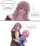  2girls bell belt black_belt black_border black_gloves black_jacket black_skirt blue_eyes blue_jacket blush border breasts buttons camera closed_eyes clothes_around_waist collarbone collared_shirt cowboy_shot english_commentary english_text gloves grey_hair hair_between_eyes half-closed_eyes hand_on_another&#039;s_chest hand_up highres honkai:_star_rail honkai_(series) jacket kiwiteamlp lapels long_hair looking_afar march_7th_(honkai:_star_rail) march_7th_(preservation)_(honkai:_star_rail) medium_breasts miniskirt multicolored_eyes multiple_girls multiple_views neck_bell open_clothes open_jacket open_mouth pink_eyes pink_hair puffy_nipples shirt short_hair sidelocks simple_background skirt smile sparkle speech_bubble standing stelle_(honkai:_star_rail) sweat t-shirt teeth tied_jacket trailblazer_(honkai:_star_rail) upper_body white_background white_shirt yellow_eyes yuri 