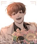  1boy :d black_eyes black_hair black_shirt bouquet character_doll coat collared_shirt doll floating_hair flower flower_request highres holding holding_bouquet kim_dokja leaf looking_at_viewer male_focus nadardoh omniscient_reader&#039;s_viewpoint open_clothes open_coat popped_collar recording shirt short_hair sidelighting smile solo_focus sunflower white_coat wind yoo_joonghyuk 