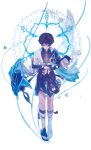  1boy absurdres anemo_symbol_(genshin_impact) armor bell belt black_belt black_bodysuit black_bow black_bridal_gauntlets black_hair black_sandals black_shorts blue_cape blue_gemstone blue_halo blue_kimono blue_sleeves blunt_ends bodysuit bow bridal_gauntlets bridal_legwear cape closed_mouth covered_collarbone dfish2_0 eyeliner eyeshadow feathers floating floating_object floating_weapon full_body furisode gem genshin_impact gold gold_ring hakama hakama_shorts halo halo_behind_head hands_up highres japanese_armor japanese_clothes juban kimono kote kurokote layered_sleeves leg_warmers looking_at_viewer magic_circle makeup male_focus middle_ring open_clothes open_hands open_kimono pleated_shorts pom_pom_(clothes) purple_eyes purple_rope red_eyeliner red_eyeshadow rope sandals scaramouche_(genshin_impact) short_sleeves shorts shoulder_peek solo stirrup_legwear tassel toeless_legwear toenails toes tsurime tulaytullah&#039;s_remembrance_(genshin_impact) turtleneck turtleneck_bodysuit wanderer_(genshin_impact) white_background white_kimono white_leg_warmers white_sleeves white_trim wispy_bangs yellow_feathers zouri 