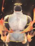  1boy ass bara bodysuit facial_hair feet_out_of_frame fire flame_print flaming_halo from_behind hip_vent male_focus muscular muscular_male po_fu short_hair sketch skin_tight stubble thick_thighs thighs tokyo_afterschool_summoners zabaniya_(housamo) 