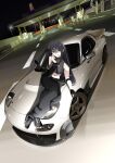  1girl absurdres arm_warmers black_hair black_pants black_shirt blue_eyes car commentary crop_top english_commentary gloves grin hair_between_eyes hand_on_own_face highres holeecrab long_hair looking_at_viewer mazda mazda_rx-7 mazda_rx-7_fd morisaki_sayaka motor_vehicle night on_car original outdoors pants road shirt single_arm_warmer sleeveless sleeveless_shirt smile solo spoiler_(automobile) sports_car tollbooth urban white_car 