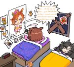  2girls ahoge air_shakur_(umamusume) animal_ears asymmetrical_bangs bags_under_eyes bedroom bird black_hair blush brown_hair character_doll chibi clock closed_mouth collared_shirt digital_clock doll english_text exhausted face_piercing forehead_piercing hair_between_eyes hair_spread_out holding_radio horse_ears huge_ahoge indoors long_hair long_sleeves looking_at_another lying medium_hair meisho_doto_(umamusume) messy_hair multicolored_hair multiple_girls night no_symbol official_art_inset on_back on_stomach pajamas piercing pikminpreggedup pink_pajamas pink_shirt poster_(object) purple_pajamas purple_skirt shirt skirt speech_bubble streaked_hair striped_clothes striped_shirt t.m._opera_o_(umamusume) umamusume under_covers vertical-striped_clothes vertical-striped_shirt very_long_hair window 