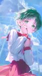  1girl absurdres blush chain-link_fence closed_mouth cowboy_shot day english_commentary fence green_eyes green_hair hands_up highres long_sleeves multi_(to_heart) outdoors pleated_skirt ppru red_sailor_collar red_serafuku red_skirt sailor_collar school_uniform serafuku shirt short_hair skirt sky solo to_heart to_heart_(series) white_shirt 