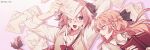  1boy 1girl :d astolfo_(fate) black_bow blush book bow braid closed_eyes collarbone derivative_work eyebrows_visible_through_hair eyes_visible_through_hair fang fate/apocrypha fate/grand_order fate_(series) french_braid french_text hair_between_eyes hair_bow highres holding holding_book holding_paper korean_commentary koyashaka liss_meier_(koyashaka) long_braid long_hair long_sleeves lying multicolored_hair neck_ribbon on_back one_eye_closed open_mouth orange_hair original otoko_no_ko paper partially_undressed pink_hair purple_eyes red_ribbon ribbon school_uniform simple_background skin_fang sleeping smile streaked_hair twitter_username very_long_hair vest white_hair 