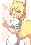  1girl animal_ear_fluff animal_ears ayuyu_yuka03 blonde_hair commentary_request fox_ears fox_girl fox_shadow_puppet fox_tail green_ribbon hair_between_eyes highres kudamaki_tsukasa looking_at_viewer neck_ribbon open_mouth ribbon romper short_sleeves sleeve_ribbon smile solo tail touhou translation_request white_romper yellow_eyes 