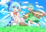  2girls :o ^_^ ahoge antennae barefoot bloomers blue_dress blue_eyes blue_hair blush bobby_socks brown_footwear butterfly_wings chestnut_mouth cirno closed_eyes cloud cloudy_sky coruthi day dress eternity_larva fisheye flower grass green_dress hair_between_eyes happy holding holding_flower ice ice_wings knees_up leaf leaf_on_head looking_at_viewer multiple_girls on_ground open_mouth running short_hair sitting sky smile socks touhou underwear white_legwear wings 