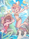 ! 2girls ;d absurdres ahiru_(princess_tutu) ahoge alternate_costume animal arm_behind_head arms_up bikini bird blue_eyes blue_sky breasts brown_hair castussan cloud covered_nipples day duck flat_chest flipped_hair flower freckles frilled_bikini frills hair_flower hair_ornament hair_up hand_on_headwear happy hat hat_flower highres jewelry jumping knees_together_feet_apart lake looking_at_another midair multiple_girls necklace notice_lines one-piece_swimsuit one_eye_closed open_hand orange_hair outdoors outstretched_arm partially_submerged pendant princess_tutu red_eyes red_one-piece_swimsuit rock rue_(princess_tutu) short_hair sky small_breasts smile sparkle sparkling_aura star_(symbol) stomach stop_(gesture) straw_hat summer swimsuit teeth upper_teeth_only v-shaped_eyebrows water wavy_mouth yellow_bikini 