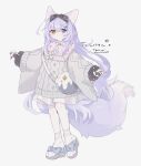  1girl absurdres animal_ears artist_name bag black_bow blue_eyes bow braid commission commissioner_name crossed_bangs fewer_digits footwear_bow fox_ears fox_girl fox_tail full_body furisode_sleeves furry furry_female gomafuto grey_sweater hair_bow hair_ornament hairpin half_up_braid heterochromia highres lace-trimmed_socks long_hair looking_at_viewer original outstretched_arms pale_color pawpads purple_hair sandals second-party_source shoulder_bag signature simple_background socks solo spread_arms standing sweater tachi-e tail thank_you white_background white_socks wide_sleeves x_hair_ornament yellow_eyes 